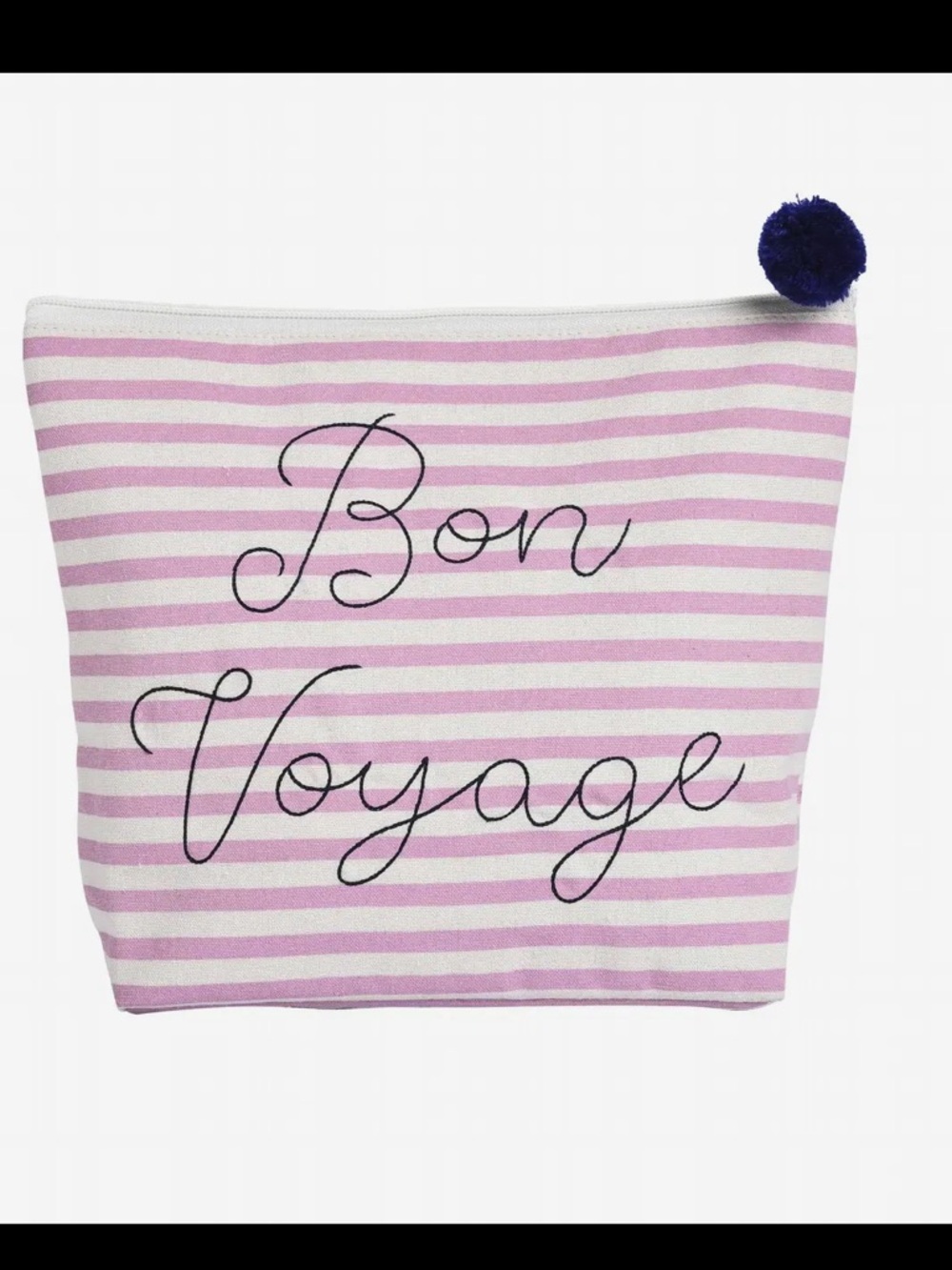 Striped Pink & White 'Bon Voyage' Embroidered cosmetic bag